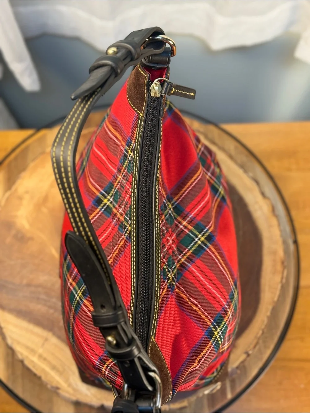 Dooney & Bourke Red Tartan Plaid Hobo Shoulder Bag Dark Brown Suede Trim EUC